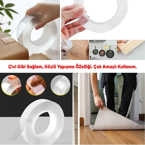 Çift Taraflı Nano Bant Yıkanabilir Montaj Çok Amaçlı Güçlü Yapıştırma Bandı Şeffaf 24 mm x 2 Metre - 5