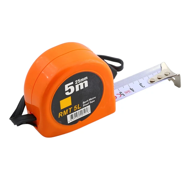 Şerit Metal Bükülebilir Metre 5 m x 25 mm Turuncu Renk Düğmeli Ölçüm Ölçme Plastik Kasalı - Resim 3