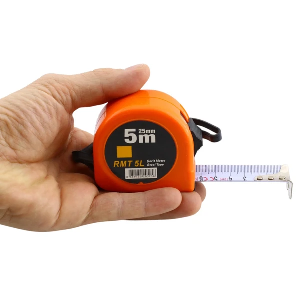 Şerit Metal Bükülebilir Metre 5 m x 25 mm Turuncu Renk Düğmeli Ölçüm Ölçme Plastik Kasalı - Resim 2