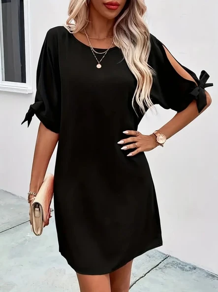 Lucky Life Kadın Kısa Kollu Kolu Bağlamalı Yakası Açık Janjan Elbise - Resim 2