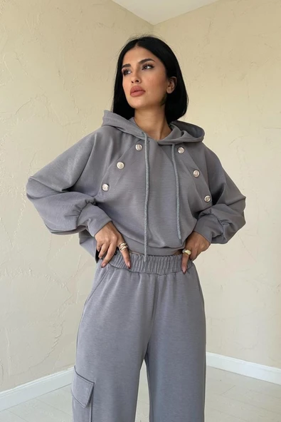 Lucky Life Kadın Füme Kapüşonlu Sweatshirt Ve Kargo Pantolon Takım