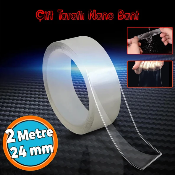 Çift Taraflı Nano Bant Yıkanabilir Montaj Çok Amaçlı Güçlü Yapıştırma Bandı Şeffaf 24 mm x 2 Metre