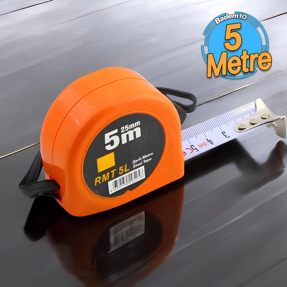 Şerit Metal Bükülebilir Metre 5 m x 25 mm Turuncu Renk Düğmeli Ölçüm Ölçme Plastik Kasalı