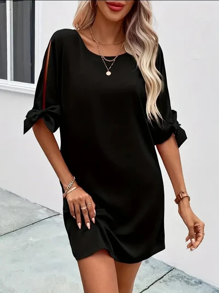 Lucky Life Kadın Kısa Kollu Kolu Bağlamalı Yakası Açık Janjan Elbise ürün görseli 1