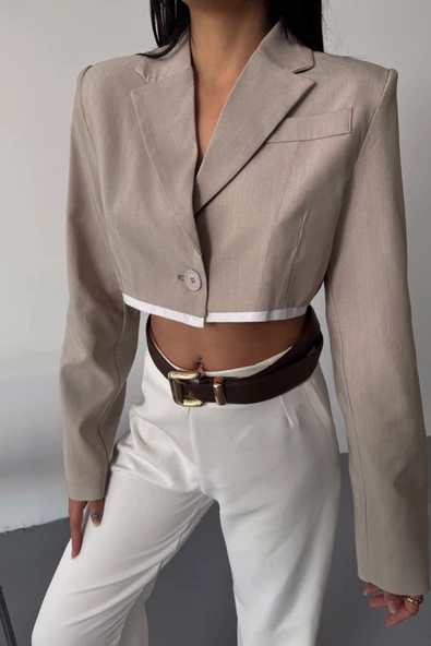 CROP CEKET Lucky Life Kadın TEK DÜĞME - Bej - Resim 3