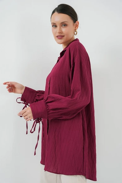 Lucky Life Kadın Oversize Bağcıklı Gömlek 5954 - Bordo
