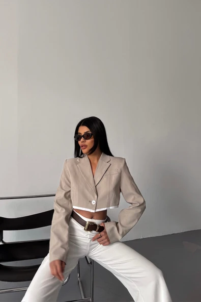 CROP CEKET Lucky Life Kadın TEK DÜĞME - Bej - Resim 2