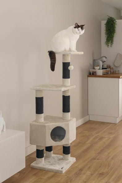 Beeztees Kedi Köşe Tırmalama ve Oyun Evi, Krem, 40x40x135cm - Resim 2