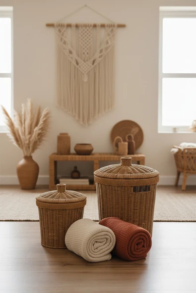 Rattan Konik 2'li Kapaklı Sepet - Resim 2