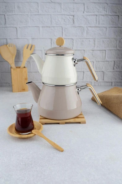 Bambum Lumino Bambu Kulplu Emaye Çaydanlık Takımı Bej ürün görseli