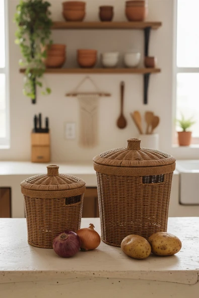 Rattan Konik 2'li Kapaklı Sepet ürün görseli