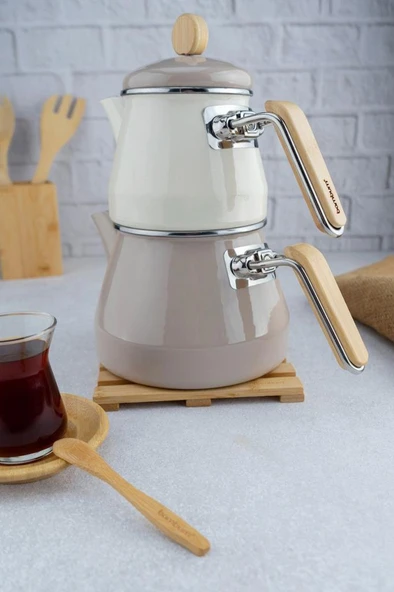 Bambum Lumino Bambu Kulplu Emaye Çaydanlık Takımı Bej - Resim 2