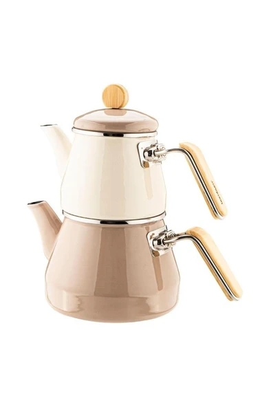 Bambum Lumino Bambu Kulplu Emaye Çaydanlık Takımı Bej - Resim 3