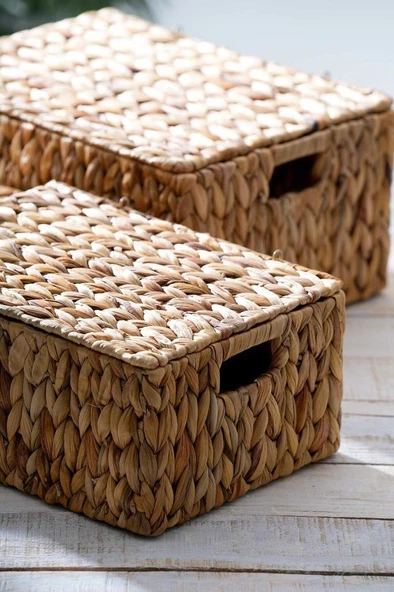 Wicker 3 lü Dekoratif Kapaklı Hasır Sepet - Resim 3