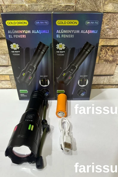 Gold Orion OR-701-TG Alüminyum Alaşımlı El Feneri – 100W Güç, 3000 Lümen, 1000 Metre Menzil!