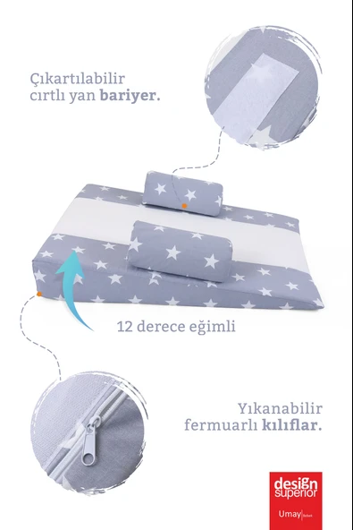 Bebek Reflü Yatağı (Gri Yıldız) Yıkanabilir Kılıflı, Ortopedik, Ana Kucağı - 2