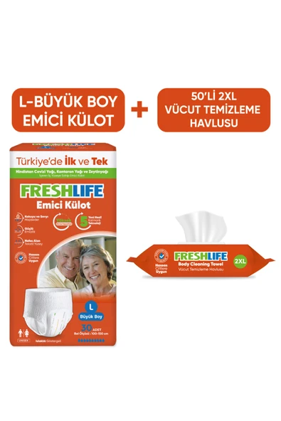Freshlife Large Emici Külot Bez 30 Adet+ 2XL Vücut Temizleme Havlusu 50 Yaprak