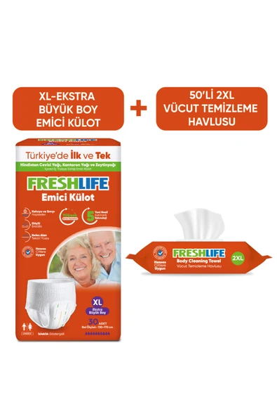 Freshlife Xlarge Emici Külot Bez 30 Adet+ 2XL Vücut Temizleme Havlusu 50 Yaprak