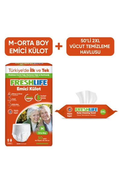 Freshlife Medium Emici Külot Bez 30 Adet+ 2XL Vücut Temizleme Havlusu 50 Yaprak