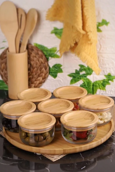 Bambum Duo 300ml 7'li Döner Tepsili Bambu Silikonlu Kapaklı Hava Aldırmaz Cam Kahvaltılık ürün görseli 1