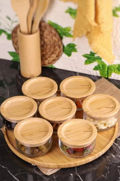 Bambum Duo 300ml 7'li Döner Tepsili Bambu Silikonlu Kapaklı Hava Aldırmaz Cam Kahvaltılık - Resim 2