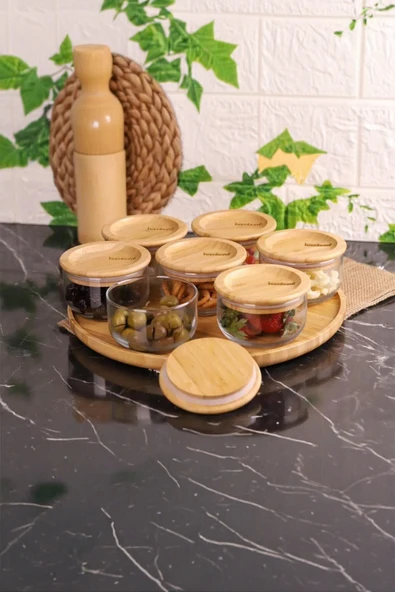 Bambum Duo 300ml 7'li Döner Tepsili Bambu Silikonlu Kapaklı Hava Aldırmaz Cam Kahvaltılık - Resim 3