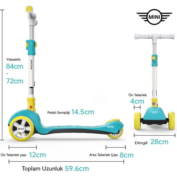 Lisanslı 3 Tekerlekli Katlanabilir Ayarlanabilir Işıklı 50 kg Taşıma Kapasiteli Scooter Yeşil - 3