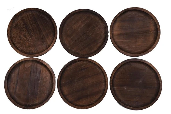 Bambum Patrin Doğal Ahşap Yuvarlak Küçük Tabak 6’lı Set – 25x2 cm - 6