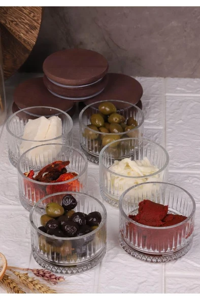 Duo Mix 6'lı Ahşap Vakumlu Kapaklı Cam Kahvaltılık Çok Amaçlı Cam Çerezlik 235 ml - 6