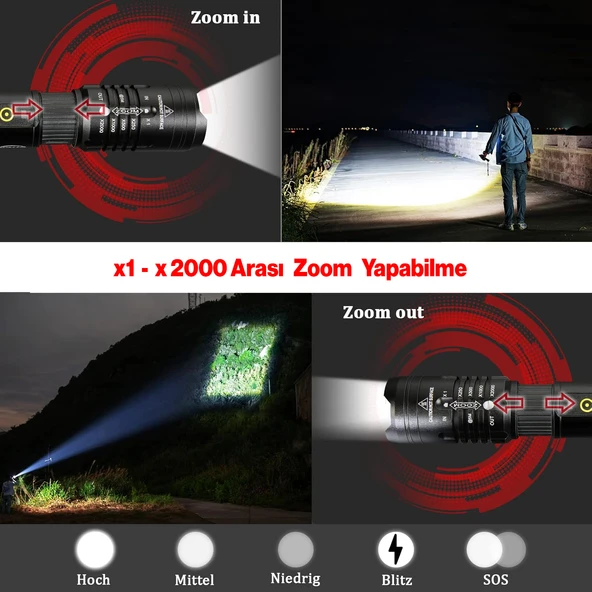 Şarjlı Pilli El Feneri P50 Led Işıldak Kamp Lambası Gece 800 metre Uzun Menzil Aydınlatma Beyaz Işık - 4