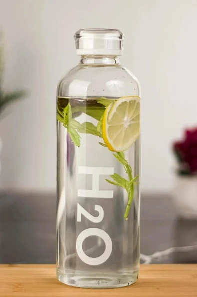 H2O Borosilikat Cam Matara 1L Vakum Kapaklı Su Şişesi Suluk 1000 Ml