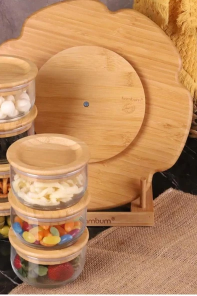 Duo - 7'li Dönen Tepsili Bambu Silikonlu Kapaklı Hava Aldırmaz Cam Kahvaltılık 300 ml - 5