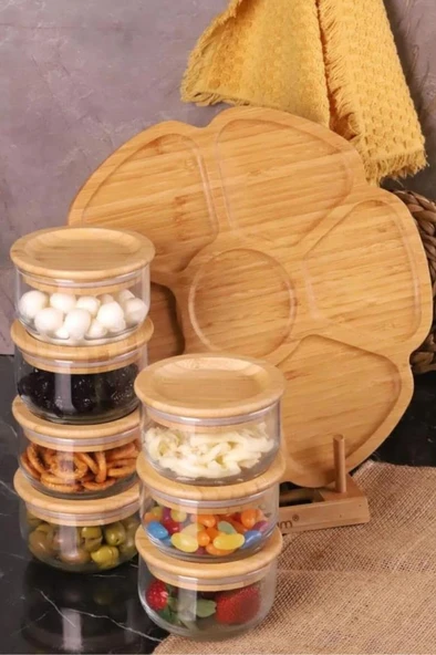 Duo - 7'li Dönen Tepsili Bambu Silikonlu Kapaklı Hava Aldırmaz Cam Kahvaltılık 300 ml