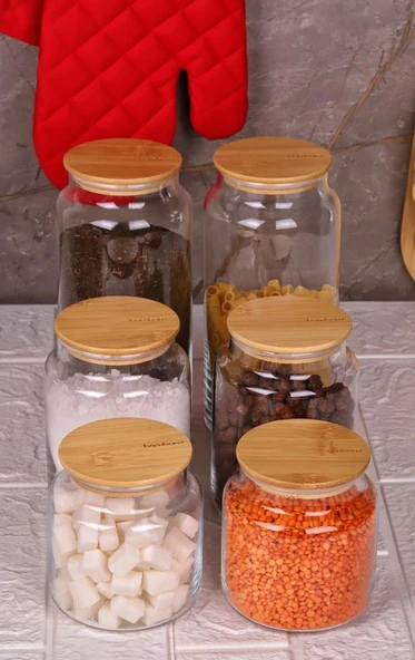Zone - 6'lı Cam Saklama Kabı 600ml-800ml-1300ml Vakumlu Bambu Kapaklı ürün görseli