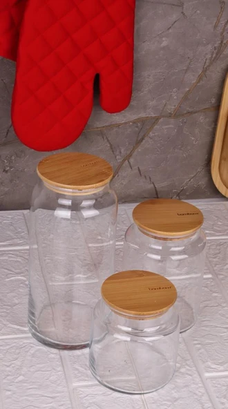 Zone - 3'lü Cam Saklama Kabı 600ml-800ml-1300ml Vakumlu Bambu Kapaklı - Resim 3