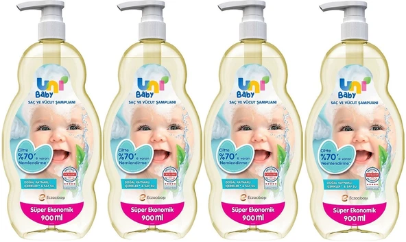Uni Baby Bebek Saç ve Vücut Şampuanı 900ML Klasik (Pompalı) (4 Lü Set)