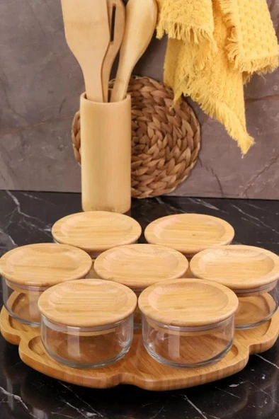 Duo - 7'li Dönen Tepsili Bambu Silikonlu Kapaklı Hava Aldırmaz Cam Kahvaltılık 300 ml - 4