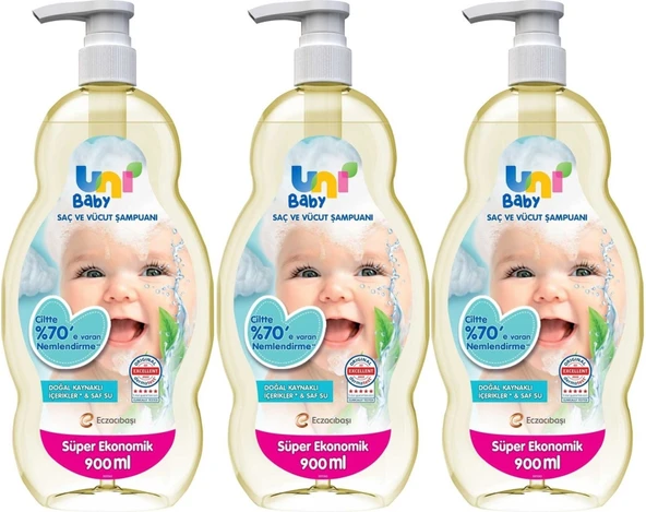 Uni Baby Bebek Saç ve Vücut Şampuanı 900ML Klasik (Pompalı) (3 Lü Set)