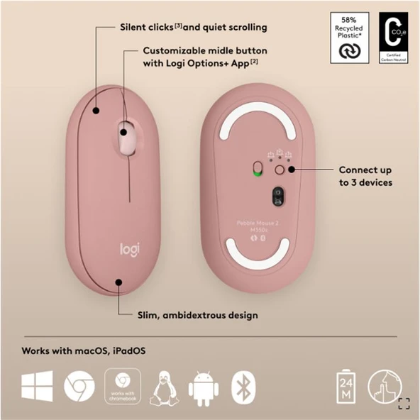 LOGITECH PEBBLE 2 M350S KABLOSUZ BLUETOOTH SESSİZ OPTİK MOUSE PEMBE 910-007014 - 1