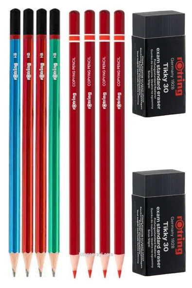 Rotring kurşun ve kırmızı kalem seti , silgili set (4+4) +2 silgi hb mercanlı