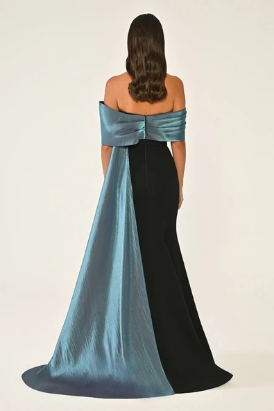 Düşük Omuz Üst Aksesuarlı Kuyruklu Krep Elbise Abiye Alfa Beta - 8