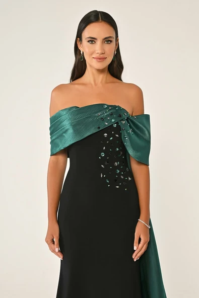 Düşük Omuz Üst Aksesuarlı Kuyruklu Krep Elbise Abiye Alfa Beta - 2