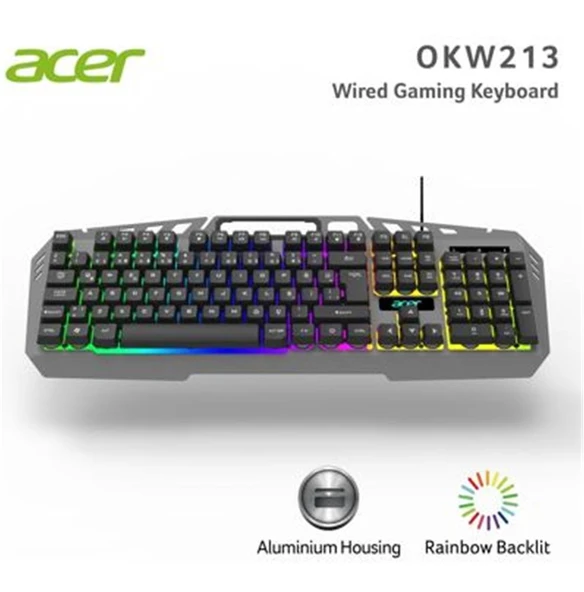 Acer OKW213 Siyah RGB Rainbow Backlit Gaming Keyboard Rainbow (Kablo Uzunluğu 1,5mt) - Resim 2