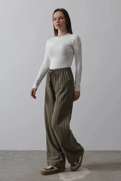 Beli Lastikli Bol Paça Pantolon - Haki-Beyaz - 2