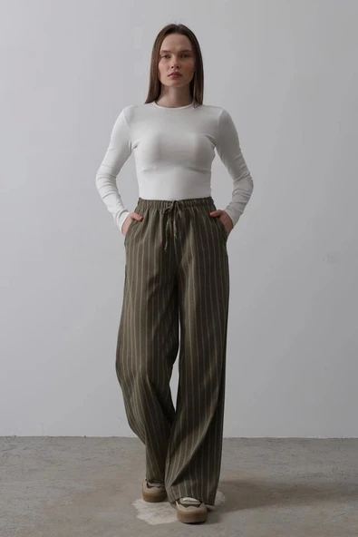 Beli Lastikli Bol Paça Pantolon - Haki-Beyaz - 3