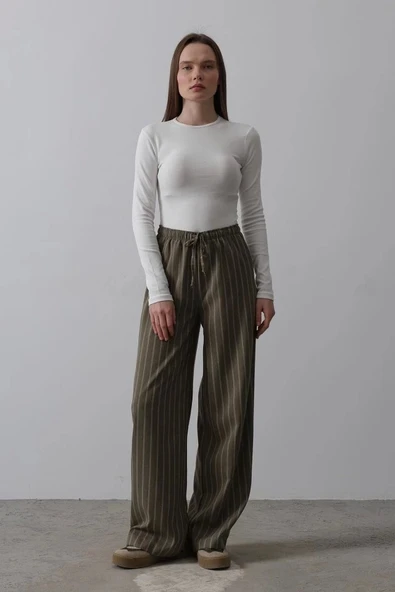 Beli Lastikli Bol Paça Pantolon - Haki-Beyaz