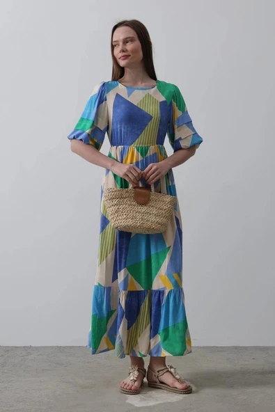 Desenli Balon Kol Kloş Elbise - Mavi - 4