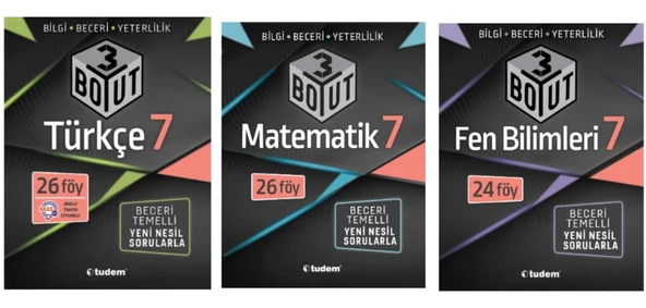 TUDEM YAYINLARI 7.SINIF 3 BOYUT TÜRKÇE - MATEMATİK - FEN BİLİMLERİ  BECERİ TEMELLİ SORU BANKASI