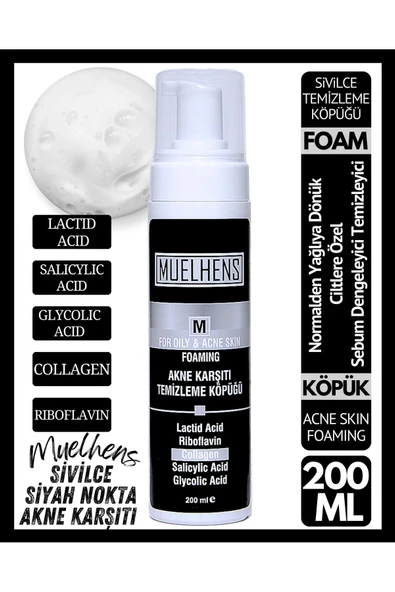 MUELHENS Siyah Nokta, Sivilce ve Akne Karşıtı Cilt Temizleme Köpüğü 200 ml