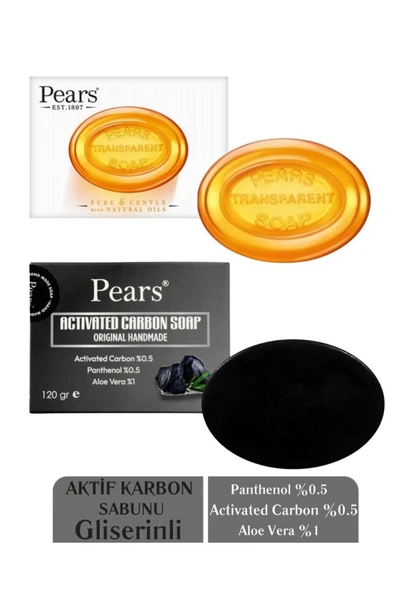 PEARS Original Saf ve Yumuşak Sabun 100gr + Gliserinli Aktif Karbon Sabunu 120gr